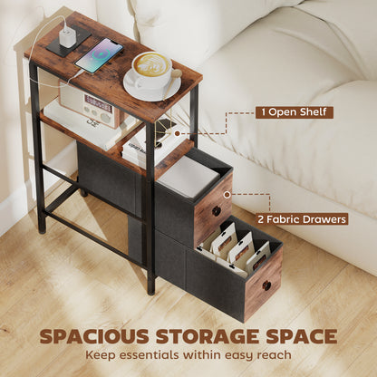 Side Table, Narrow Bedside Table with Charging Station, 2 Drawers, AC Outlet and 2 USB Ports for Living Room, Bedroom