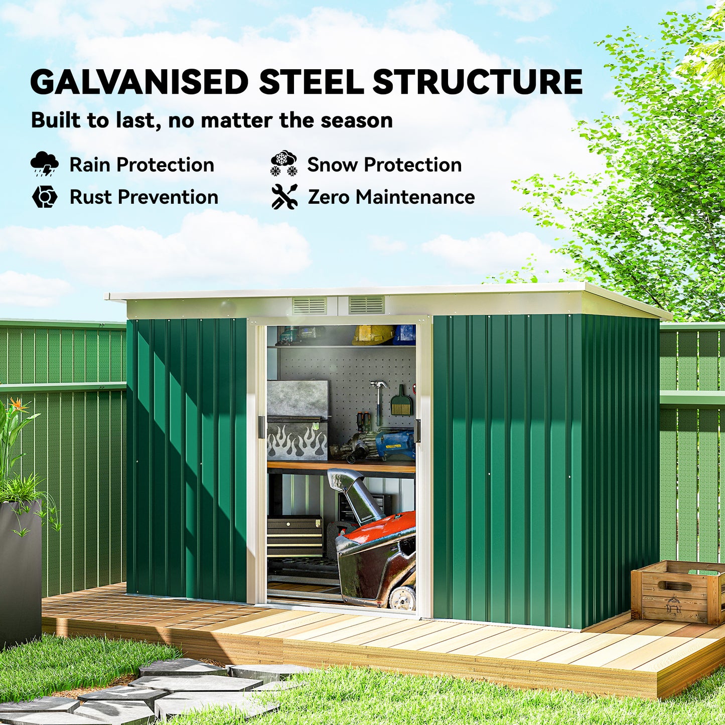 9ft x 4ft Metal Garden Shed, Outdoor Tool House with Foundation Kit, Ventilations and Double Doors, Deep Green