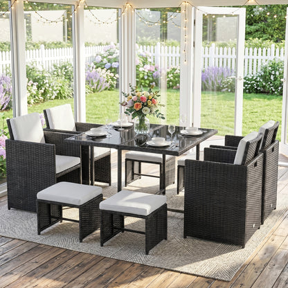 9 Piece Rattan Cube Garden Furniture Dining Set with Armchairs, Footstools and Glass-Top Table, Black