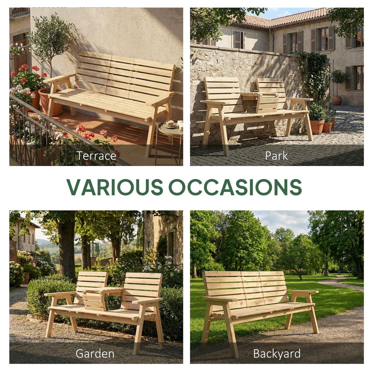Fir Wood Convertible 2 to 3 Seater Outdoor Garden Bench, Natural Wood Finish
