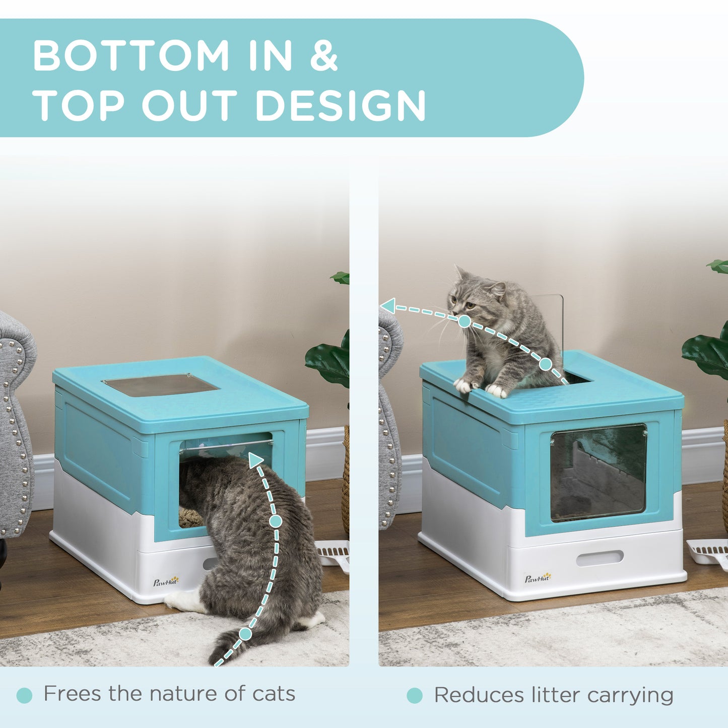 Hooded Cat Litter Box, Portable Pet Toilet, with Scoop, Front Entry - Light Blue