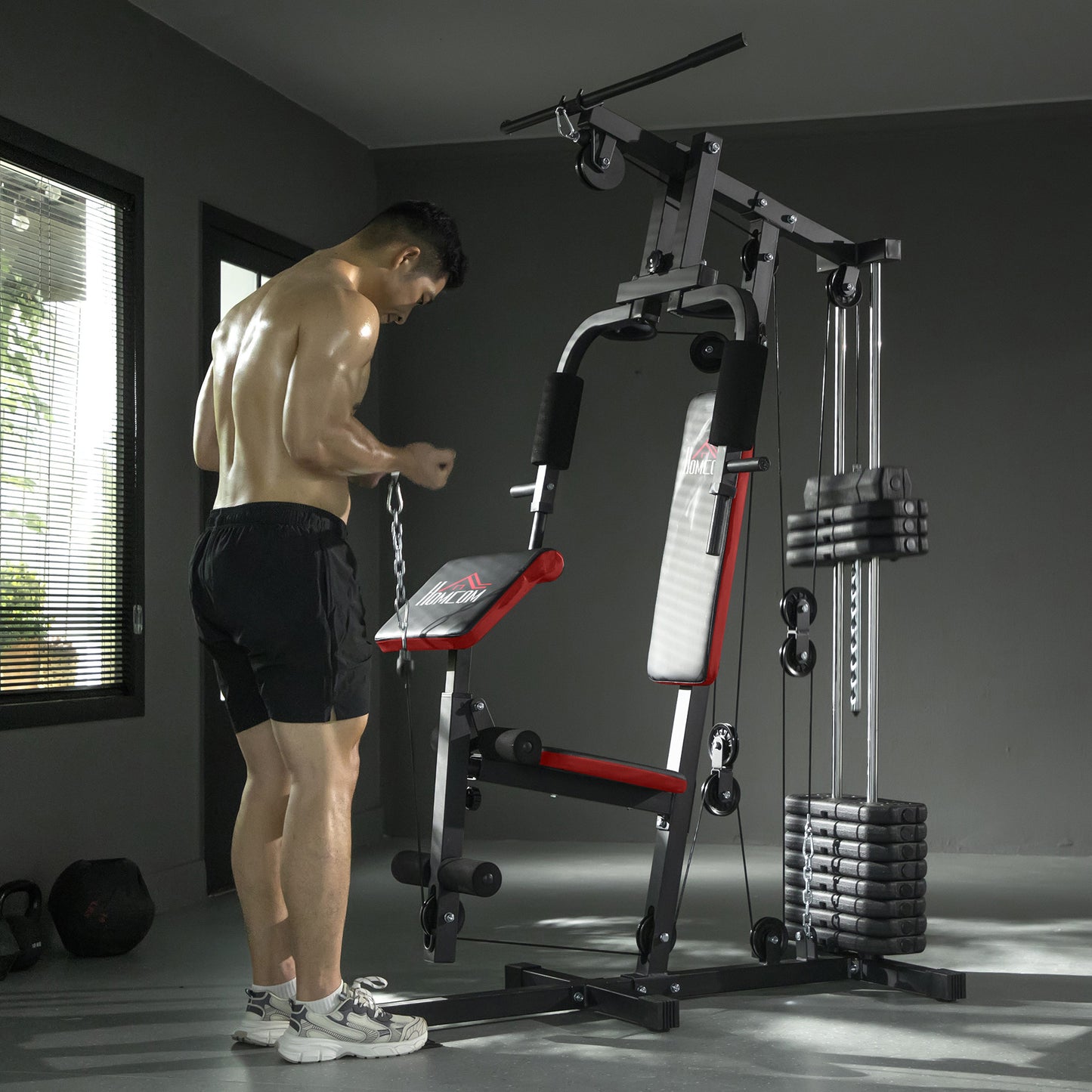 Multigym Station, with 66KG Weight Stack, for Strength Training - Red & Black