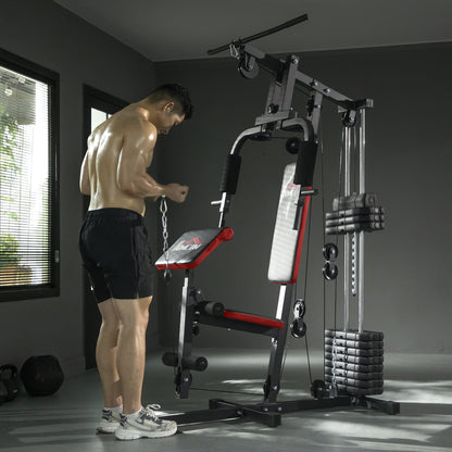 Multigym Station, with 66KG Weight Stack, for Strength Training - Red & Black