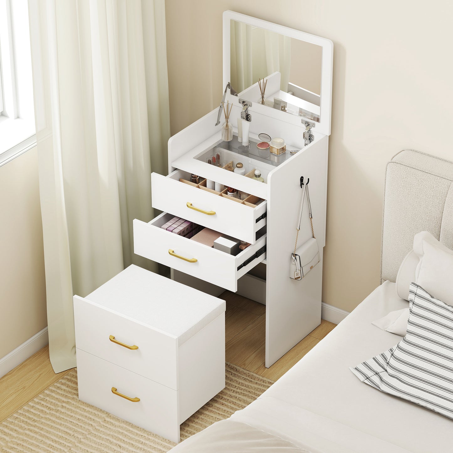 Compact Dressing Table and Stool Set, with Storage - White
