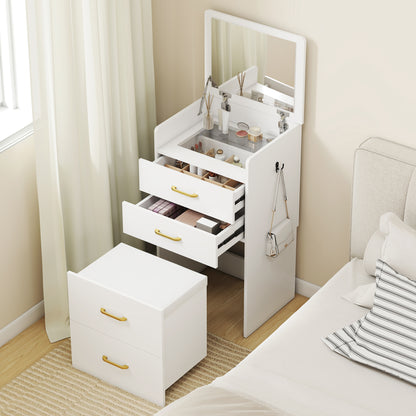 Compact Dressing Table and Stool Set, with Storage - White