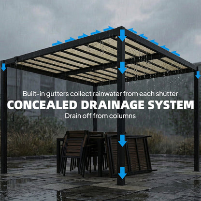 3 x 3 m Louvered Pergola with PC Roof, Aluminium Patio Gazebo Pergola Canopy with Drainage Gutters, Handle, Coffee