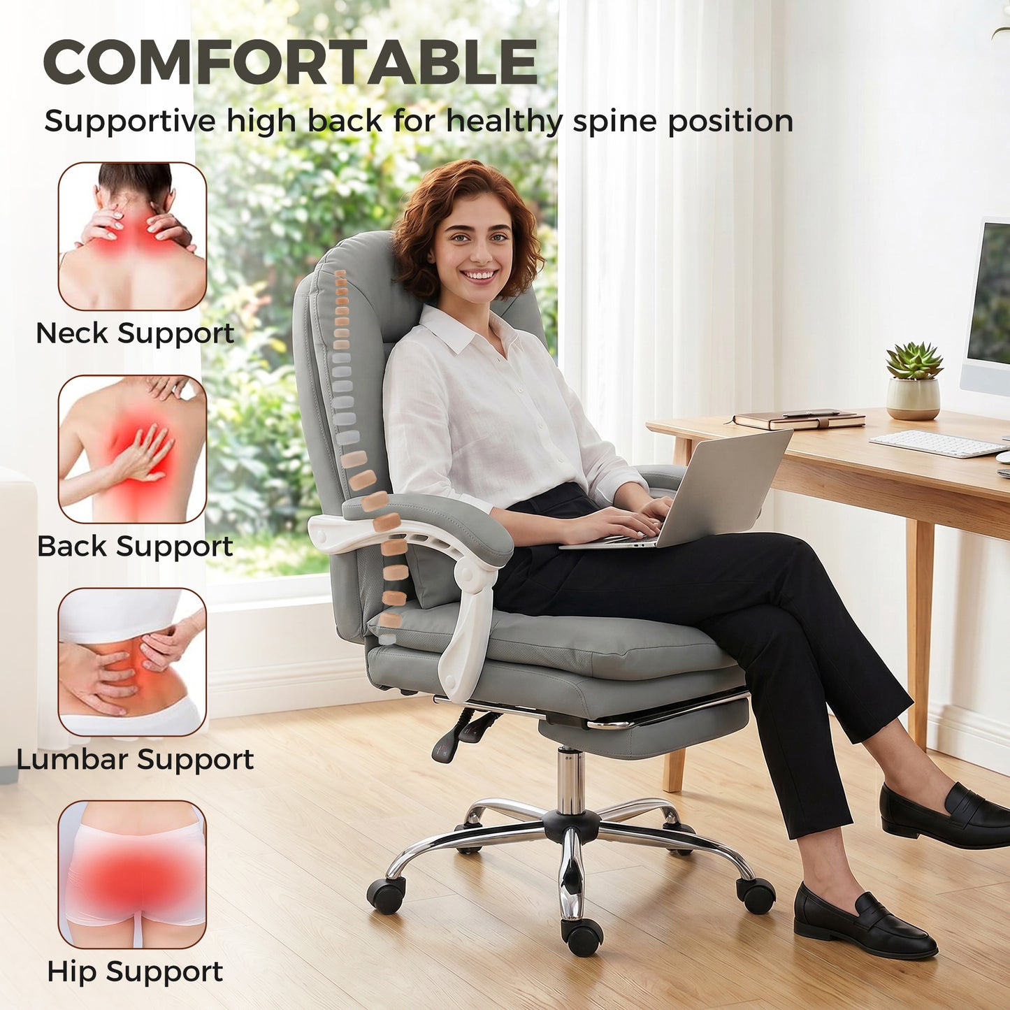 Ergonomic Executive Office Chair, Reclining Desk Chair with Lumbar Support, Footrest, Plush Thick Cushion, Grey