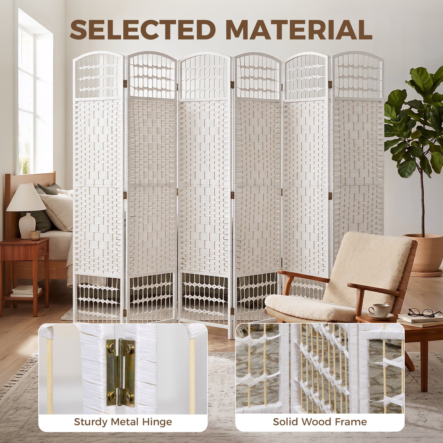 6 Panel Folding Room Divider, Privacy Screen, Paravent Partition Separator for Living Room, Bedroom, White