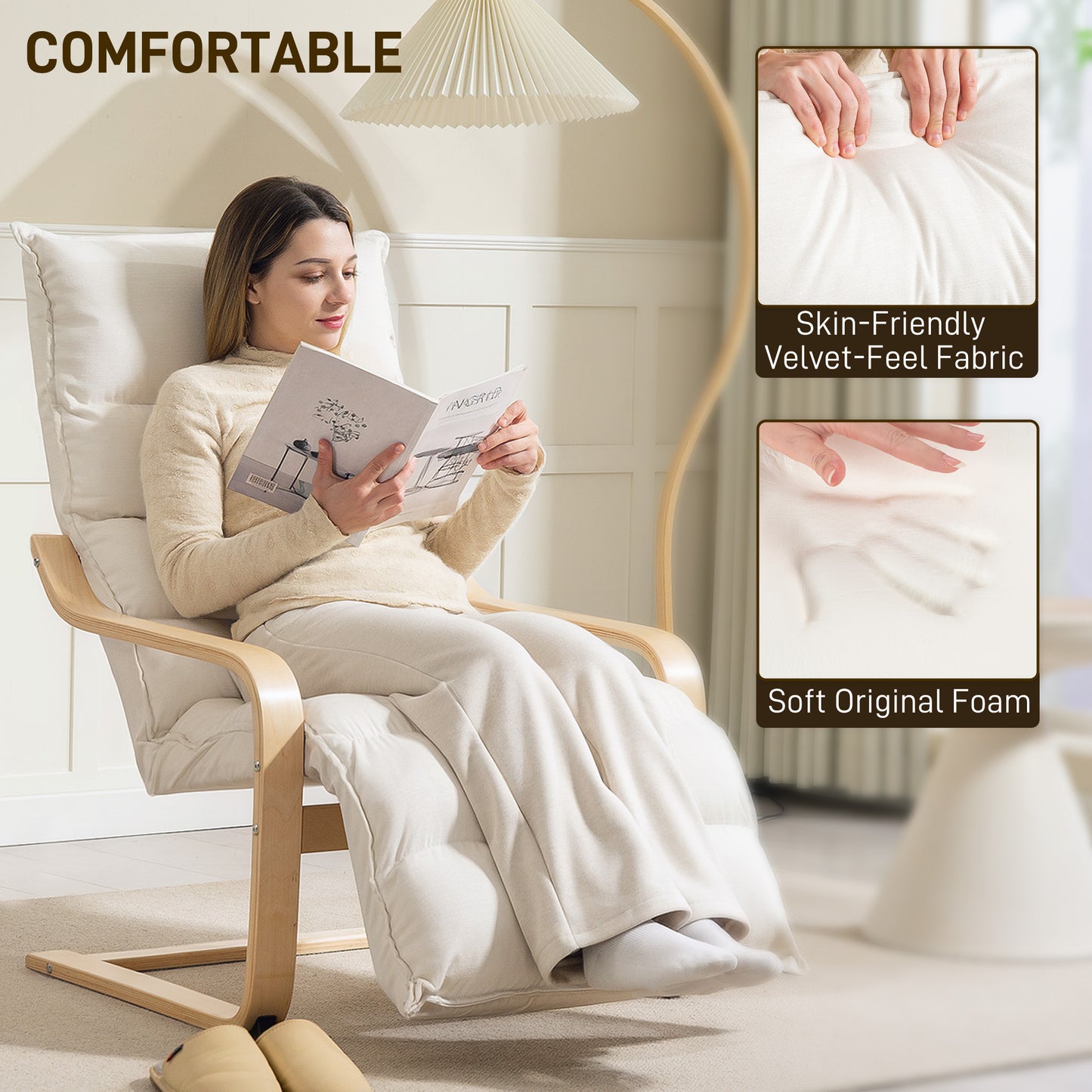 Curved Wooden Accent Chair, with Adjustable Footrest - Cream White