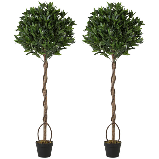 Realistic Lush Topiary Ball Tree, Artificial Bay Laurel Topiary Trees with Weighted Pot, Set of 2, Green