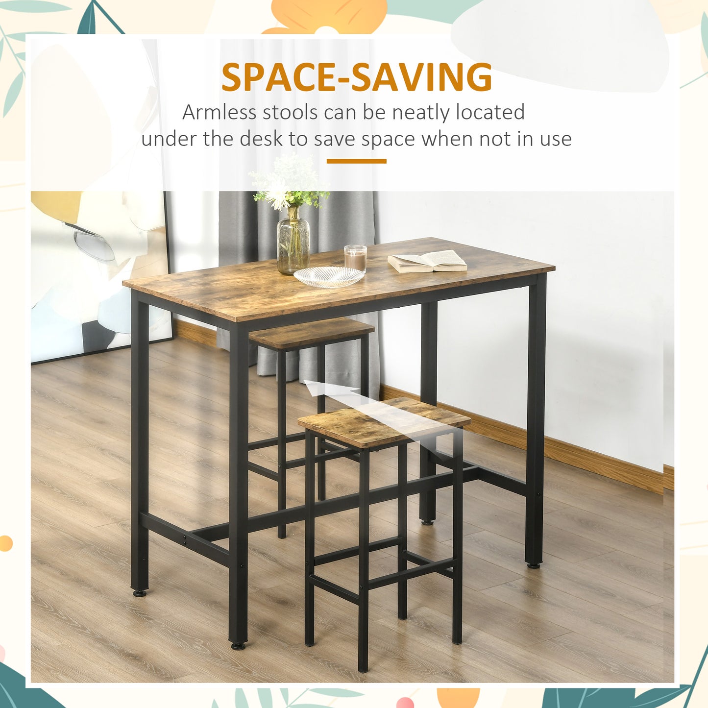 Industrial Bar Stools, Set of 2 Kitchen Breakfast Bar Chairs with Footrest, Counter Height Island Stools for Dining Area