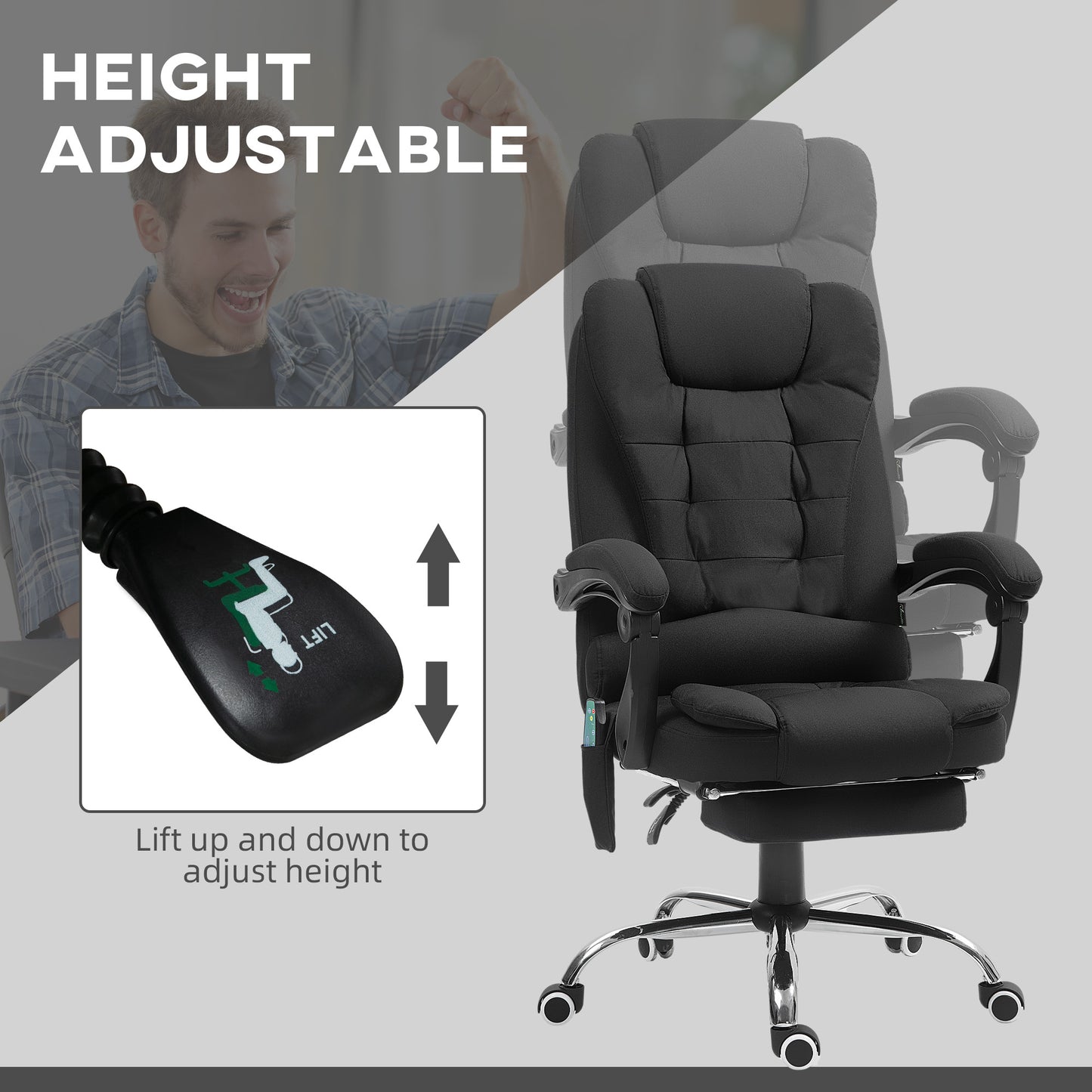 Office Chair with 6 Point Massage and Back Heat, Microfibre Desk Chair with Footrest Adjustable Height and Swivel Wheels