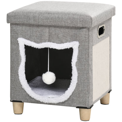 Cat House Cave, Cat Bed Cube with Scratching Pad, Soft Detachable & Washable Cushion, Toy Ball, for Indoor Kittens, Grey