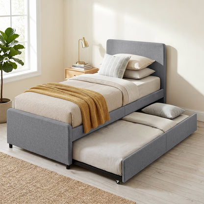 3ft Single Bed Frame with Trundle, Upholstered Pull Out Trundle Bed with Headboard and Footboard, Dark Grey