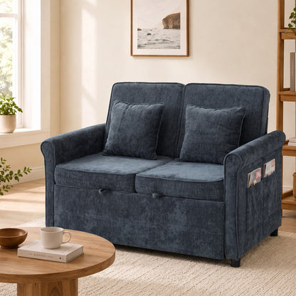 2 Seater Sofa Bed 3-in-1 Convertible Chenille Pull Out Sleeper Sofa with 5-Position Adjustable Backrest, Dark Blue