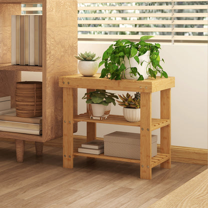 Two Shelf Bamboo Shoe Storage Bench - Natural Finish
