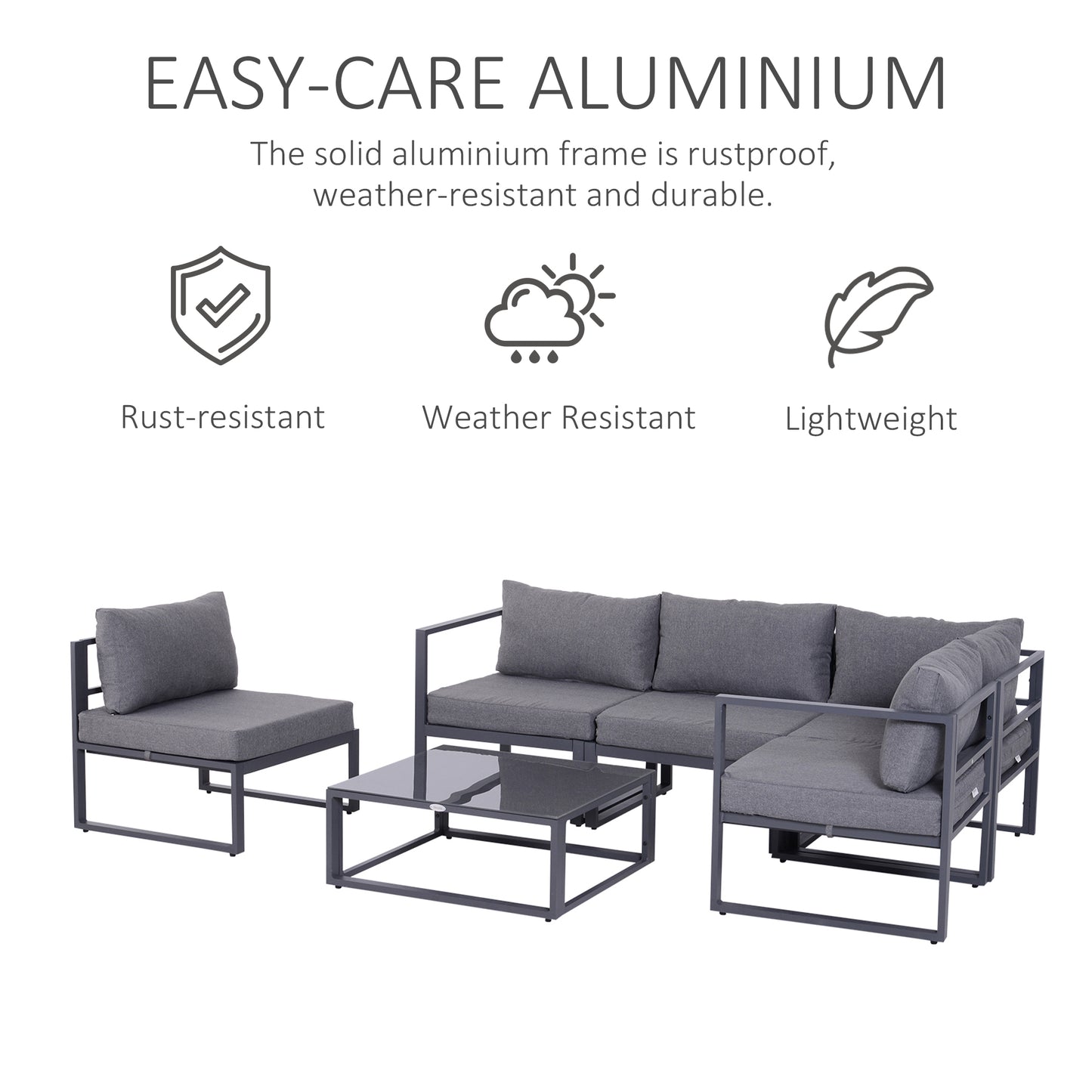 5 Seater Aluminium Garden Furniture Set, Garden Sofa Set with Thick Cushions for Patio and Balcony, Outdoor, Grey