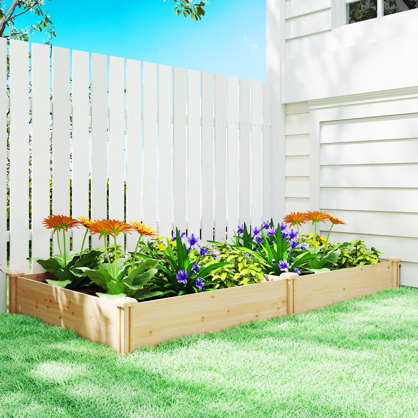 Raised Garden Bed, Wooden Planter Box with Divider and Open Bottom for Flowers, Herbs, Vegetables, DIY Painting