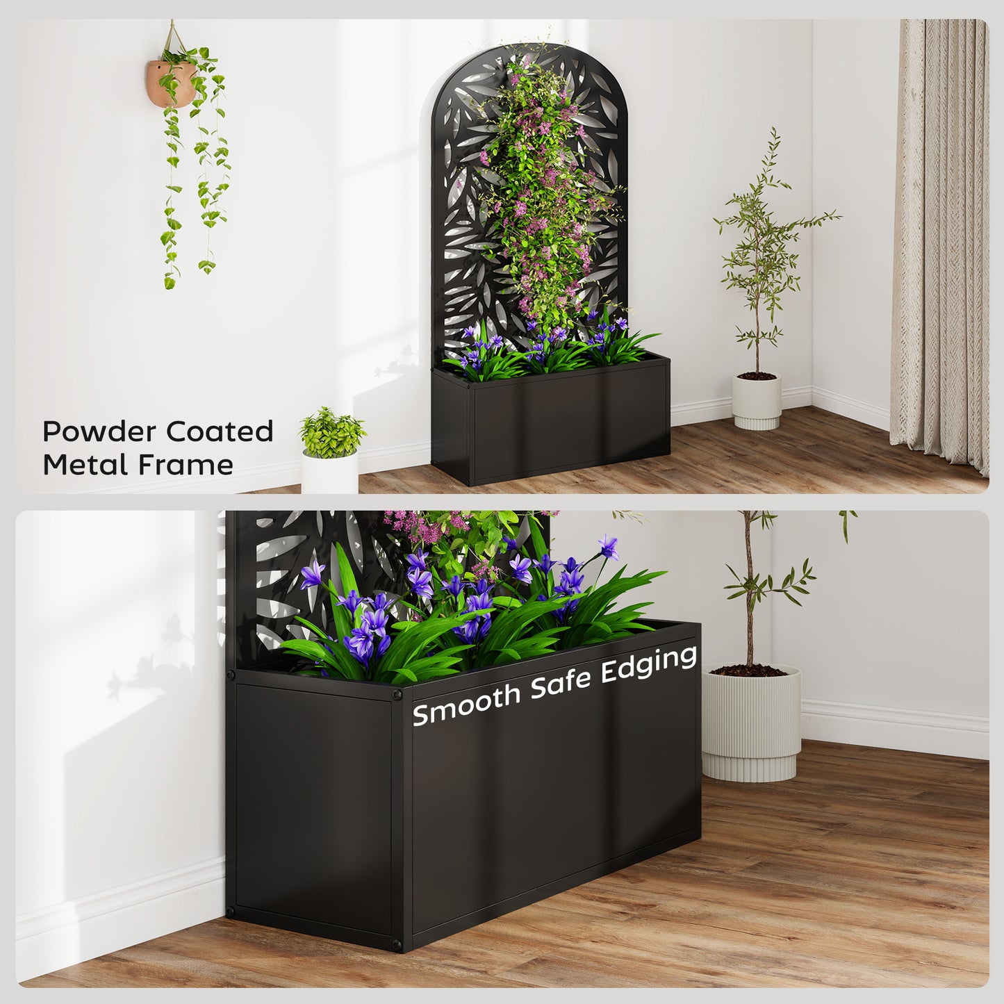 Metal Garden Bed for Garden with Trellis, Wall Mounted or Freestanding Raised Planter with Curved Privacy Screen