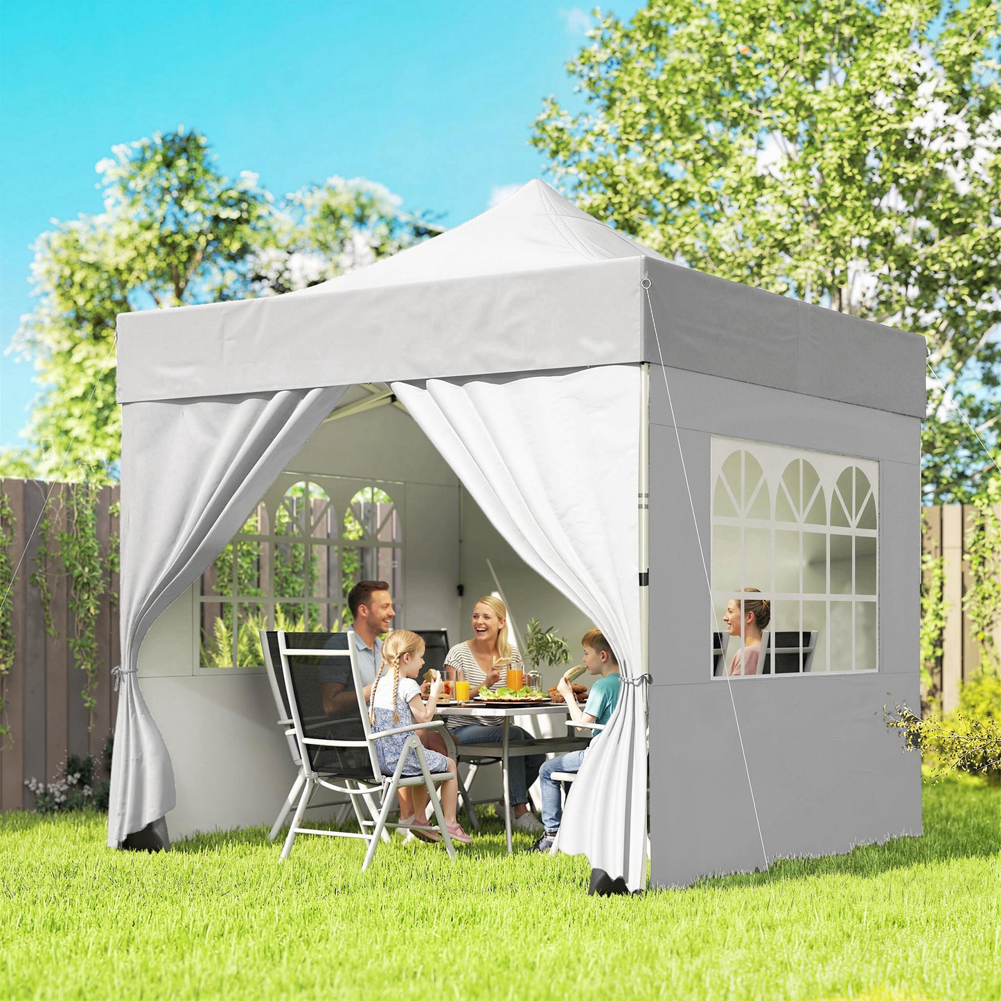 3 x 3 m Pop Up Gazebo with Sidewalls, UPF50+ Heavy Duty Garden Party Tent Marquee with Wheeled Carry Bag, Silver Grey