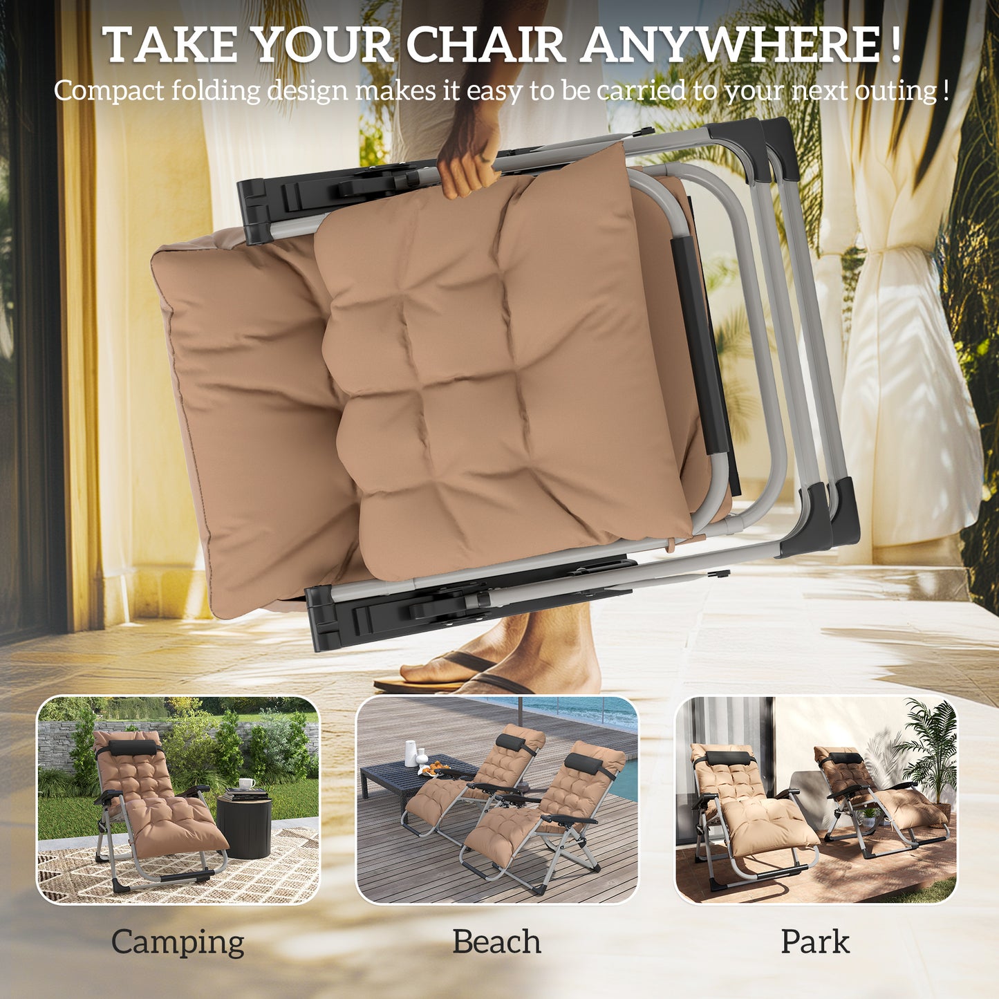 2 Piece Reclining Zero Gravity Sun Loungers with Cushions, Khaki