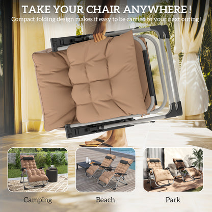 2 Piece Reclining Zero Gravity Sun Loungers with Cushions, Khaki
