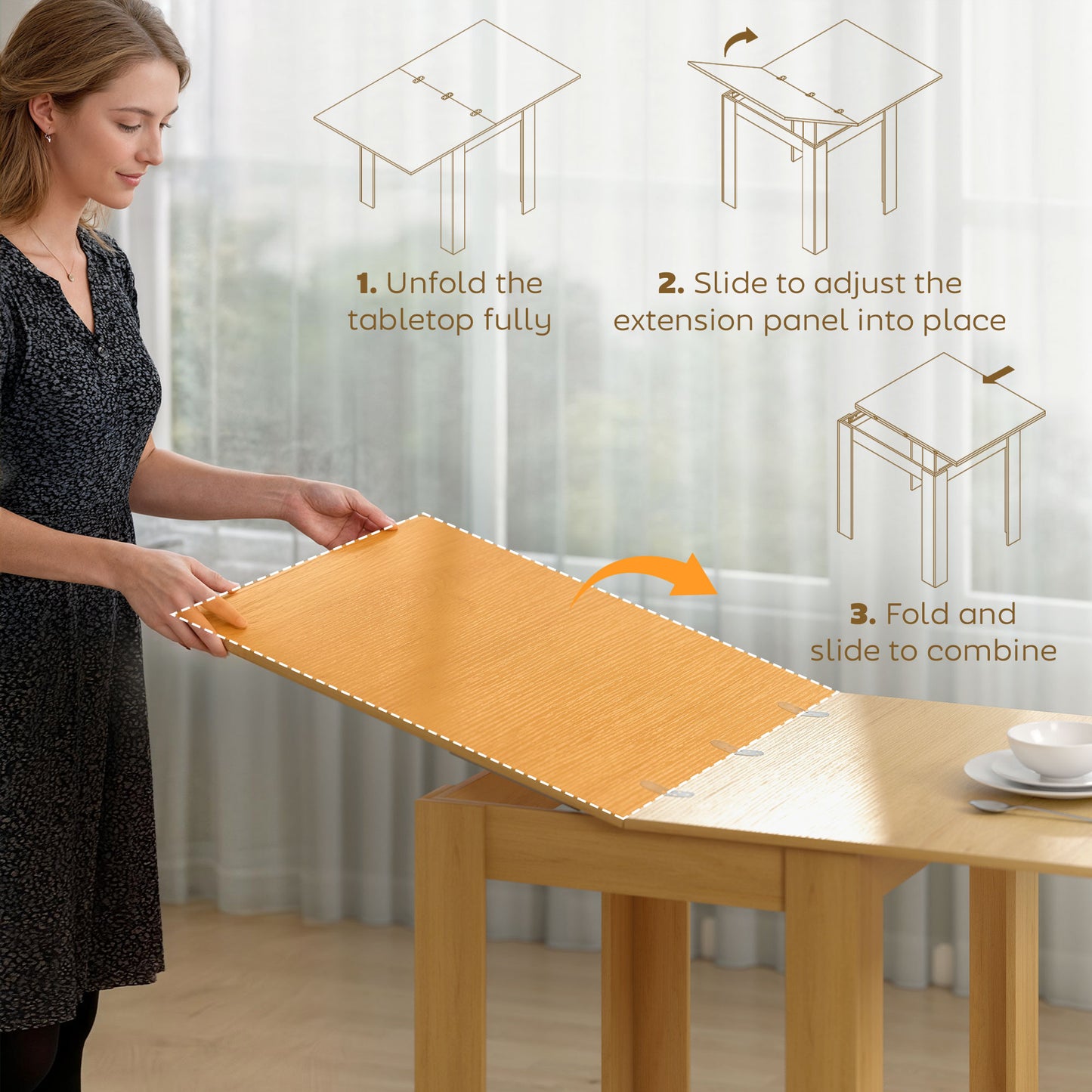 Folding Dining Table for 4-6, Rectangular Extendable Drop Leaf Table for Small Spaces, 140 x 80 x 77.5 cm, Natural