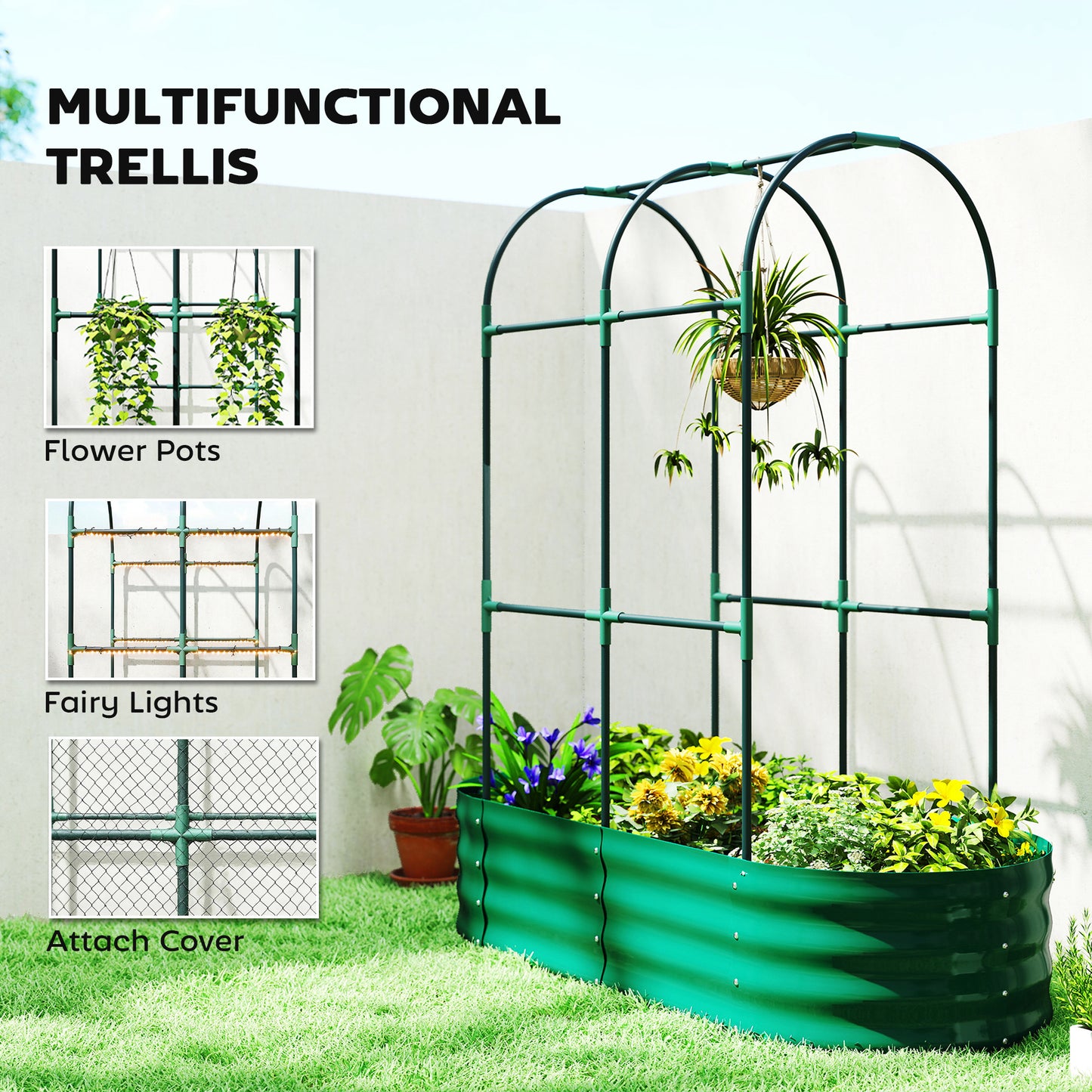 Galvanised Raised Garden Bed with Arched Trellis, 4 x 2 x 4.6ft Metal Raised Bed for Garden with Open Bottom, Green