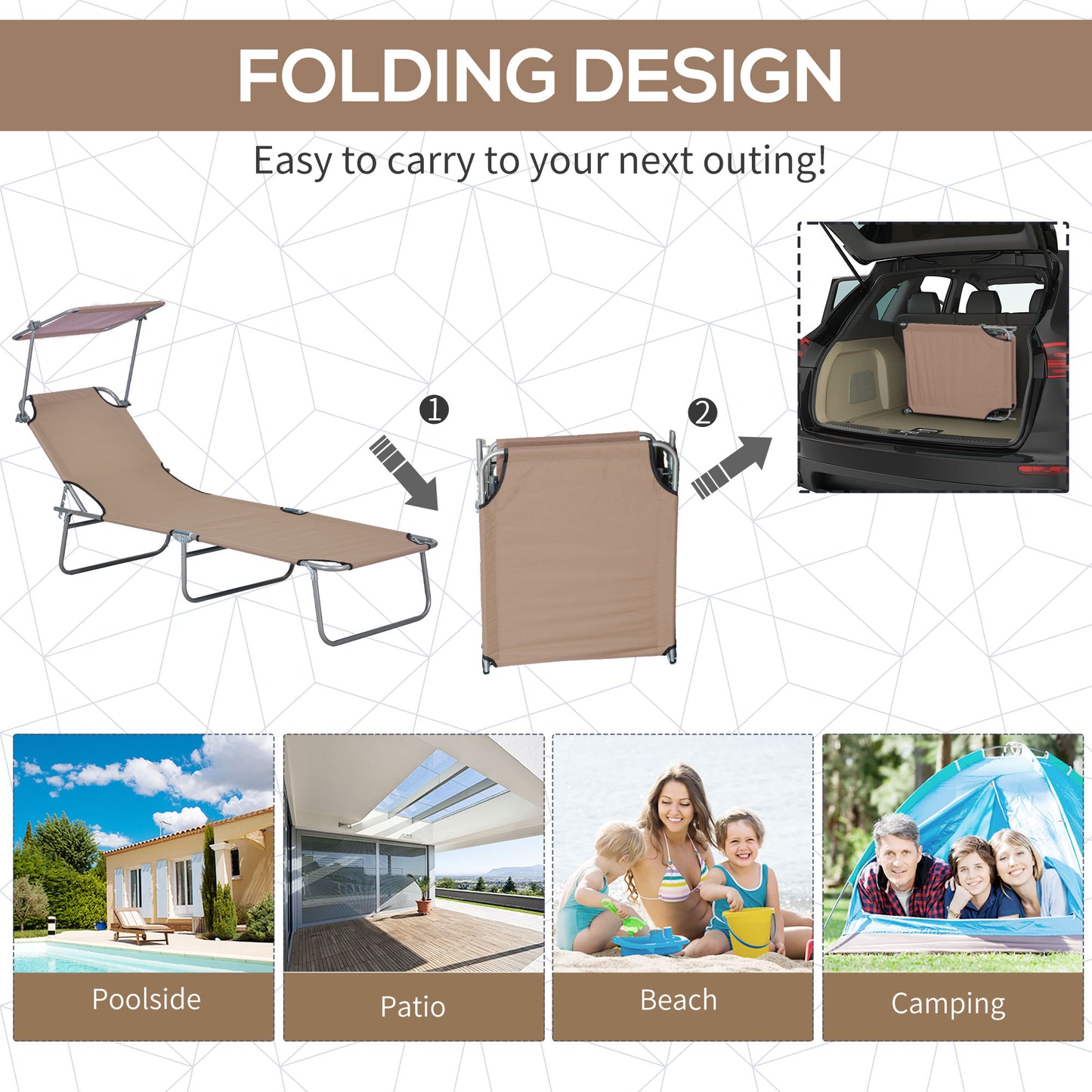 Sun Lounger, with Adjustable Face Canopy - Brown