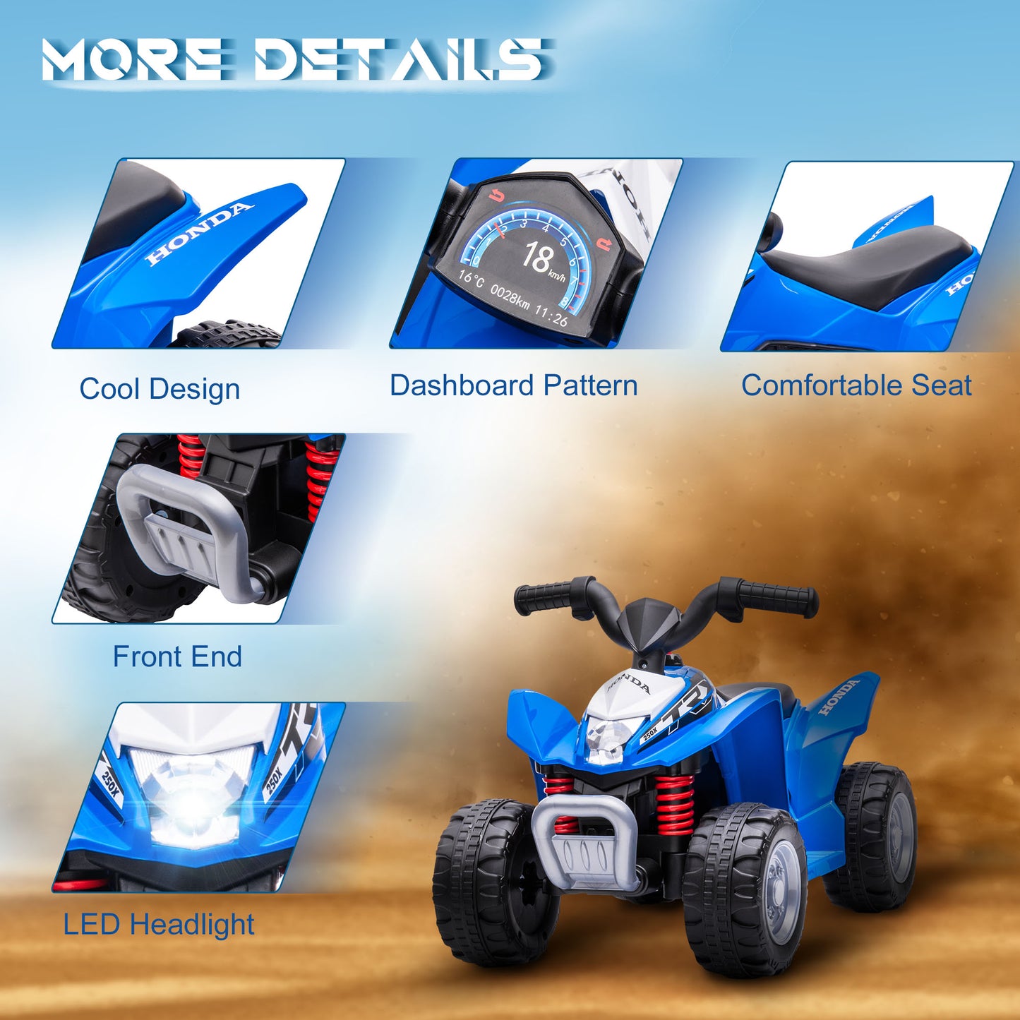 Honda Licensed Kids Electric Quad Bike, 6V ATV Ride On for Ages 1.5-3 Years, Blue