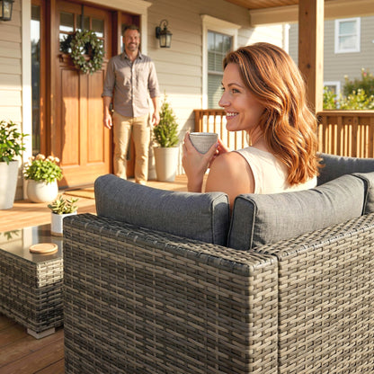Outdoor PE Rattan Corner Sofa, Garden Wicker Furniture Single Sofa Chair w/ Cushions, Light Grey