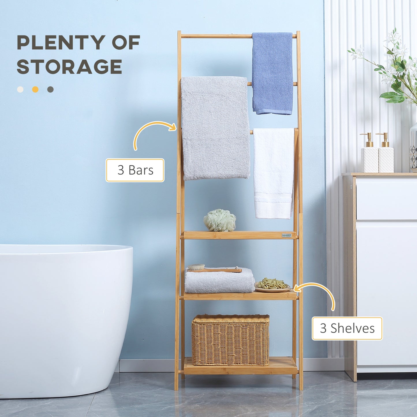 Freestanding Natural Bamboo Towel Rack with 3 Towel Rails and 3 Storage Shelves