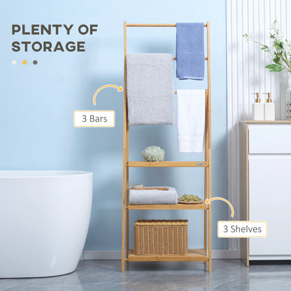 Freestanding Natural Bamboo Towel Rack with 3 Towel Rails and 3 Storage Shelves