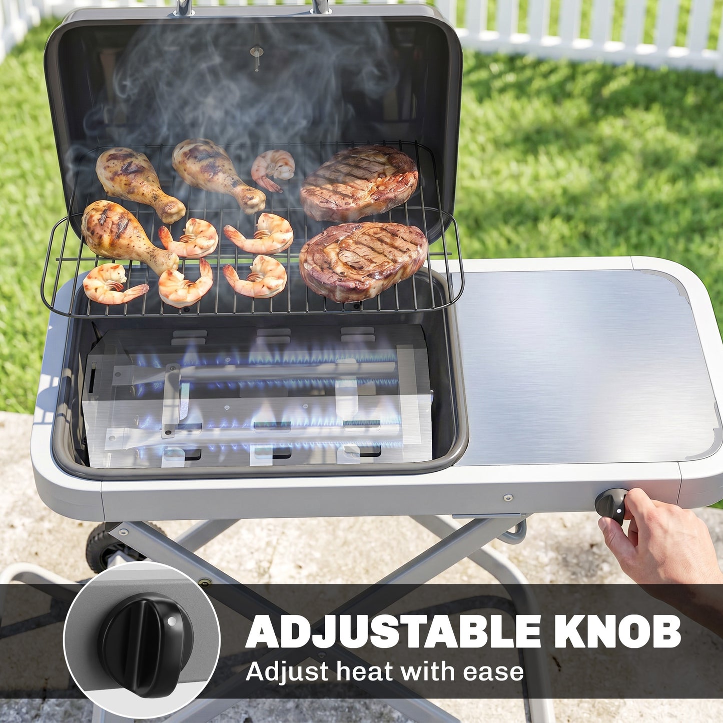 Foldable Gas BBQ Grill with Side Table, Portable Gas Barbecue Grill with Thermometer, Grease Box, Wheels, 2.5 kW, Black