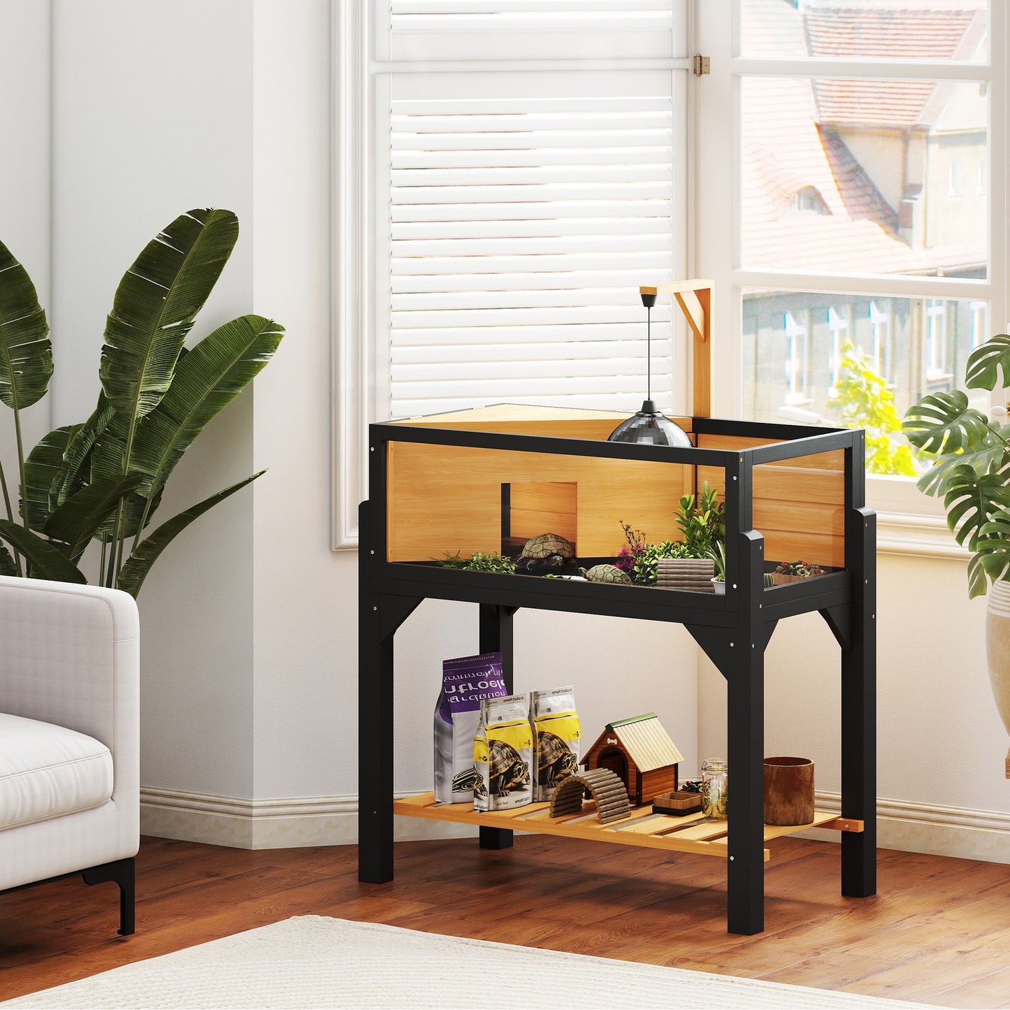 Wooden Tortoise House with Storage Shelf, Clear Observation Windows, Lamp Holder, Openable Top, Built-in Tray, Yellow
