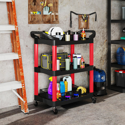 3-Tier Rolling Tool Cart, Tool Trolley on Wheels, Plastic Mobile Service Utility Cart with Handles for Garage