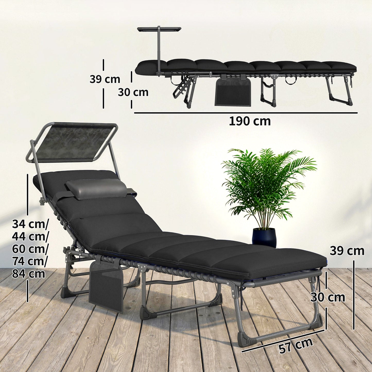 Folding Sun Loungers Set of 2 with Canopy, Reclining Sunbed with Cushion, Side Pocket, Carrying Handle, Black