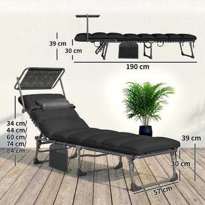 Folding Sun Loungers Set of 2 with Canopy, Reclining Sunbed with Cushion, Side Pocket, Carrying Handle, Black