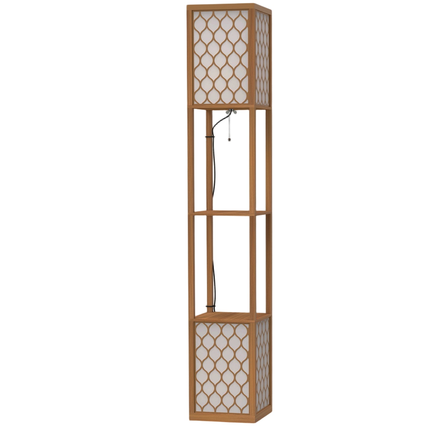 Floor Lamp with Shelves, Modern Tall Standing Lamp with Fabric Lampshades, Zipper Switch, Natural Wood Finish