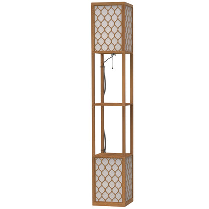 Floor Lamp with Shelves, Modern Tall Standing Lamp with Fabric Lampshades, Zipper Switch, Natural Wood Finish
