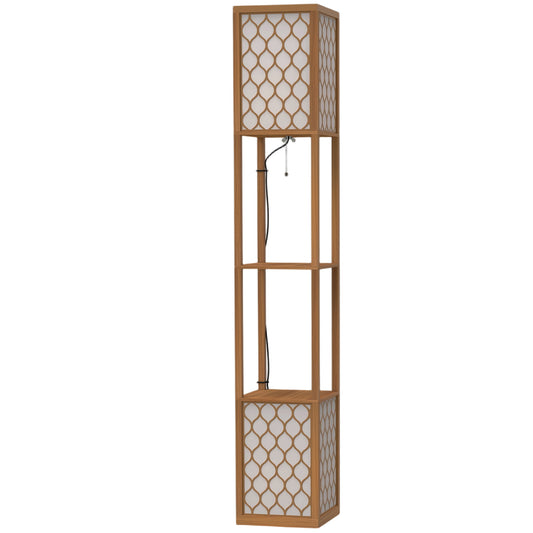 Floor Lamp with Shelves, Modern Tall Standing Lamp with Fabric Lampshades, Zipper Switch, Natural Wood Finish