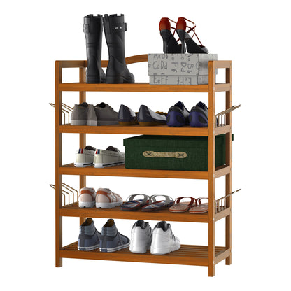 5-Tier Shoe Rack, Acacia Wooden Shoe Storage Organiser with Hangers, Holds up to 19 Pairs, for Entryway, Living Room