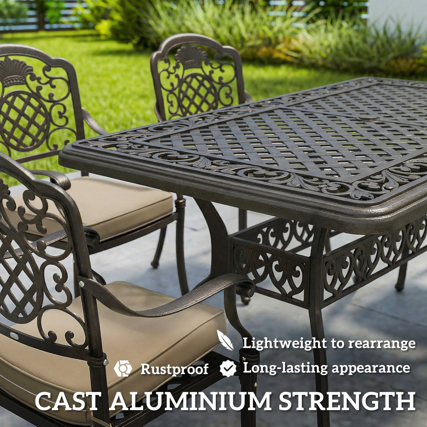 Garden Dining Set for 6, Cast Aluminium Outdoor Table and Chairs Set with Cushions, Parasol Hole for Patio, Bronze Tone