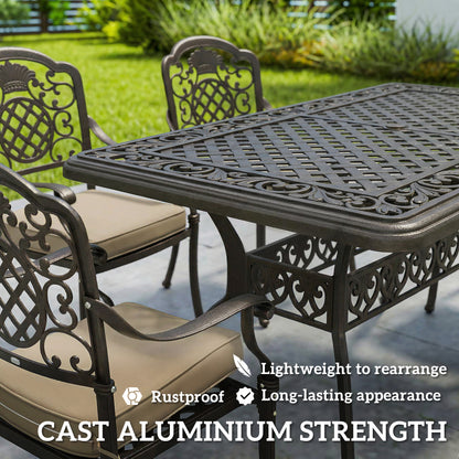 Garden Dining Set for 6, Cast Aluminium Outdoor Table and Chairs Set with Cushions, Parasol Hole for Patio, Bronze Tone