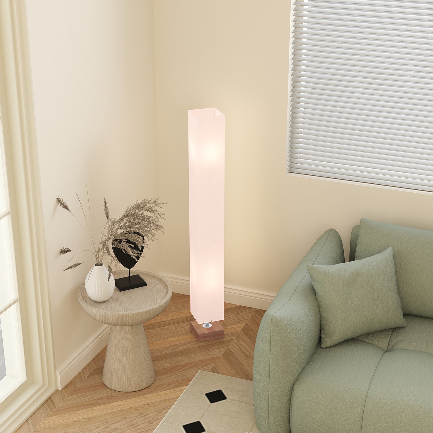 Floor Lamp, 120cm Standing Lamp with Linen Lampshade, Standard Light with Pine Wood Base for Living Room