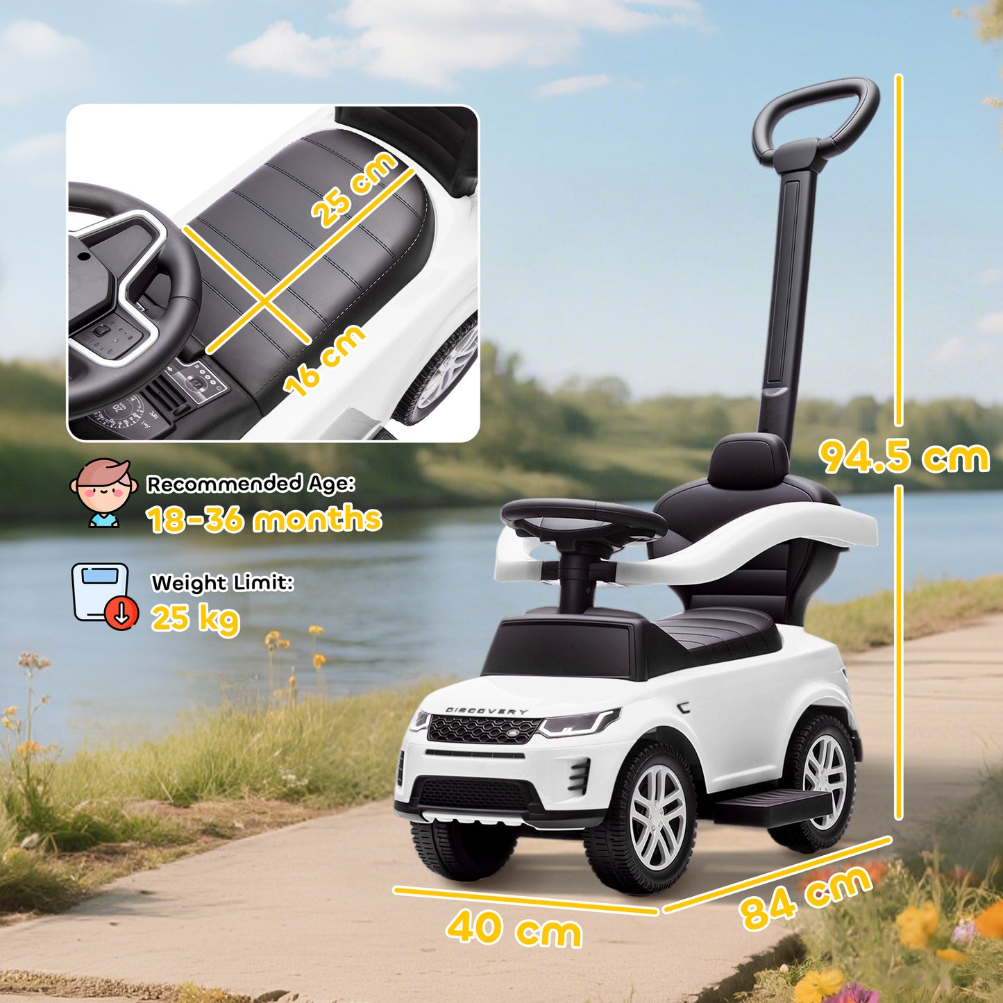 Land Rover Discovery Licensed Baby Push Car, 2-in-1 Ride on Car with Push Handle and Safety Guardrail, White