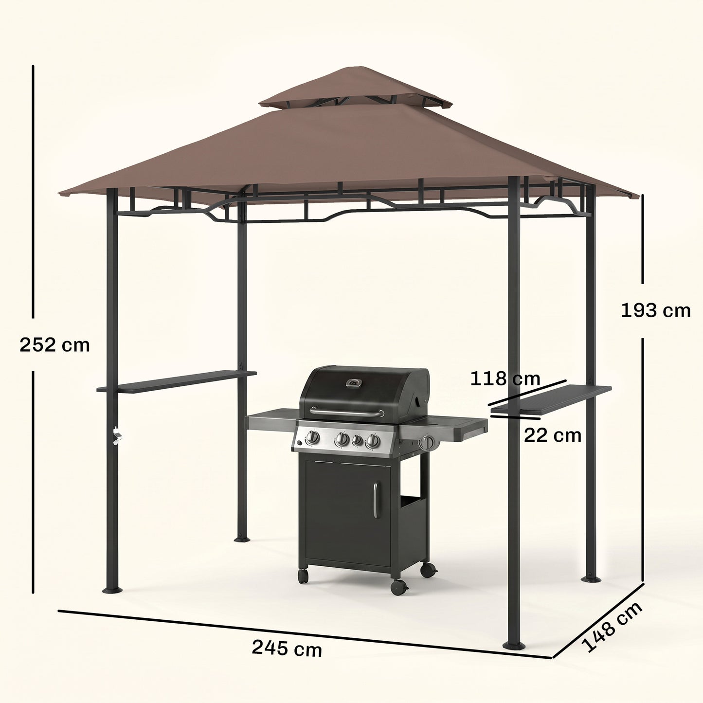 2.5x1.5m (8'x5') Grill Gazebo Canopy, Double Tiered Outdoor BBQ Gazebo Shelter with 2 Side Shelves for Garden, Patio
