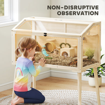 Wooden Hamster Cage, Hamster Habitat with Openable Top, Seesaws, Platforms, Water Bottle for Gerbils, 110 x 52 x 101 cm