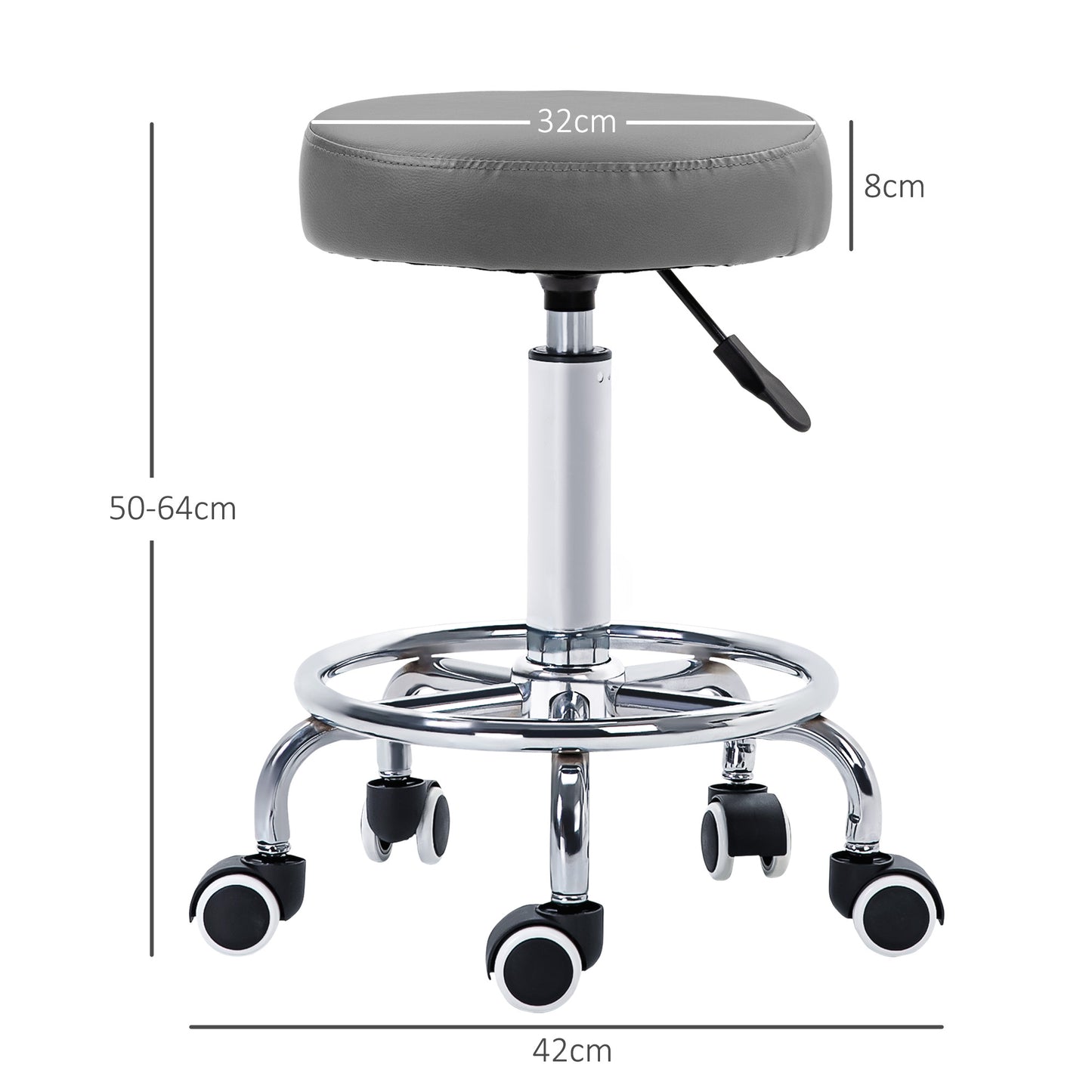PU Leather Rolling Stool, Height Adjustable Stool Chair with Wheels for Salon, Massage, Spa, Grey