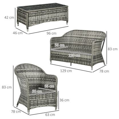 Four-Piece Rattan Sofa Set, with Glass-Top Table - Orange